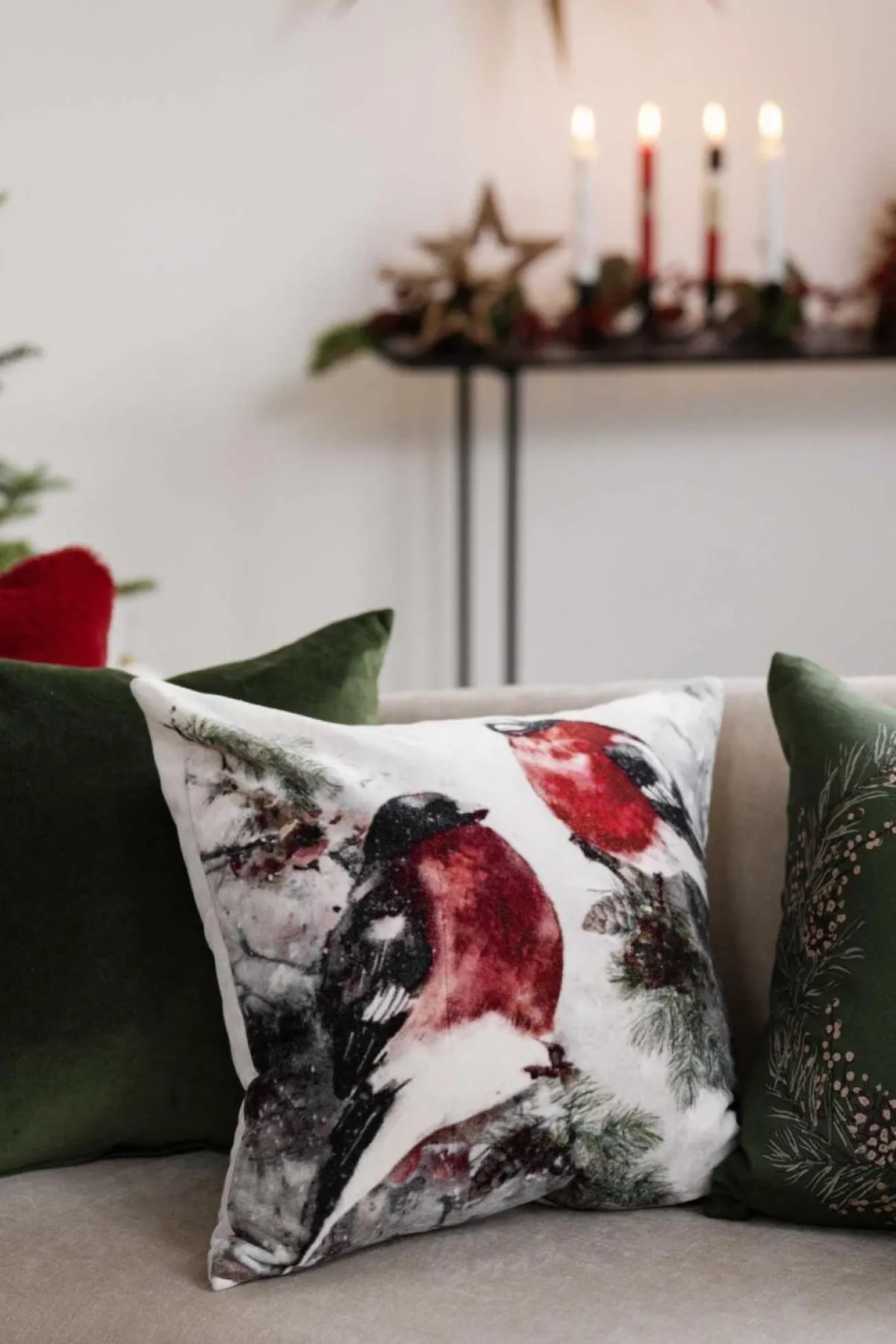 New Putetrekk velur Dompap skog 48x48cm Putetrekk|Juletekstil